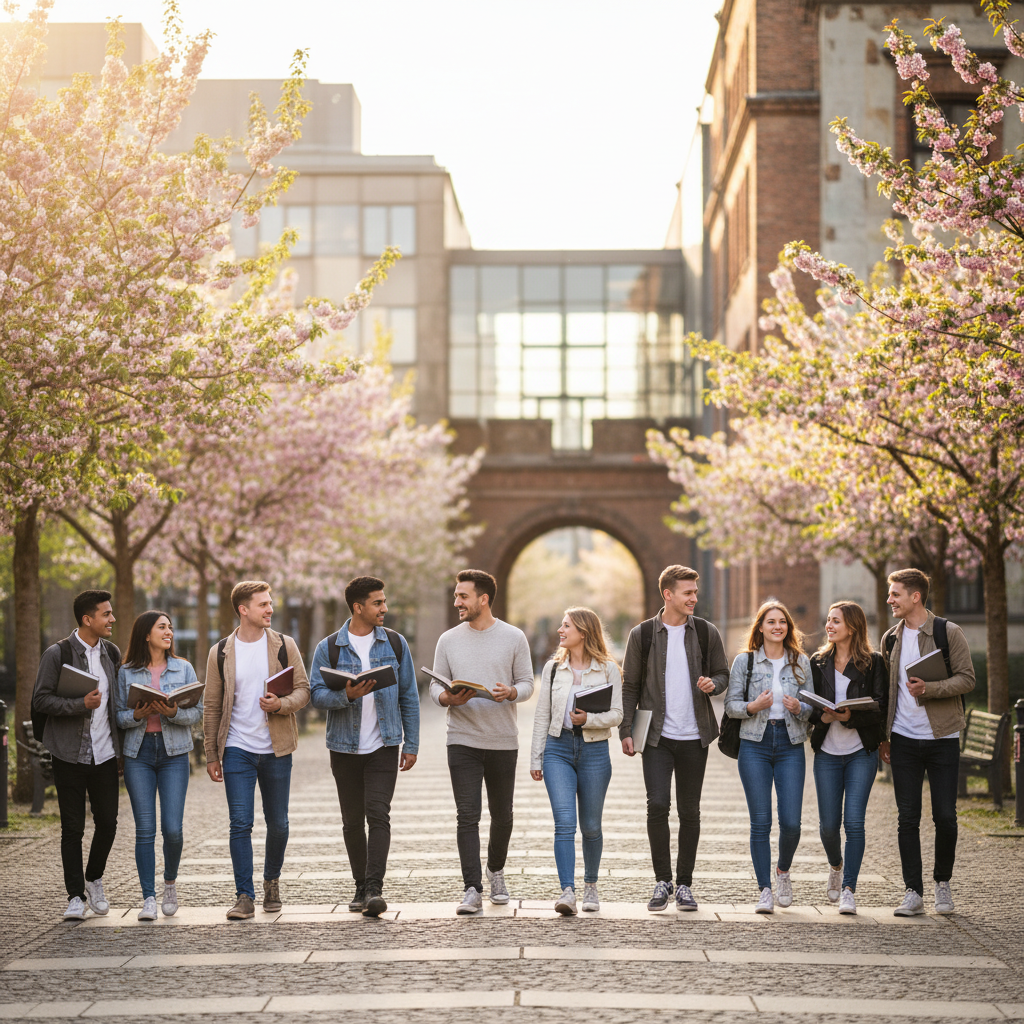 Studierende auf einem Universitätscampus in Berlin im Frühling
