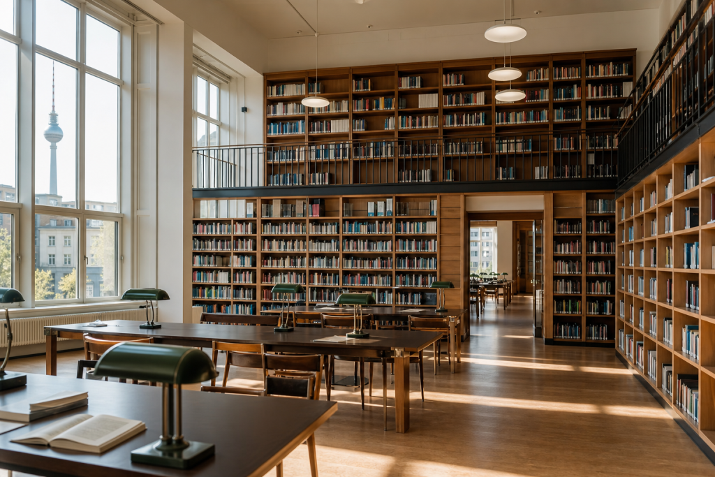 Lesesaal einer Berliner Bibliothek mit hohen Holzregalen und Tageslicht