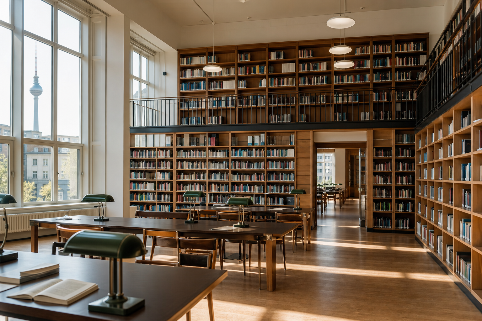 Lesesaal einer Berliner Bibliothek mit hohen Holzregalen und Tageslicht